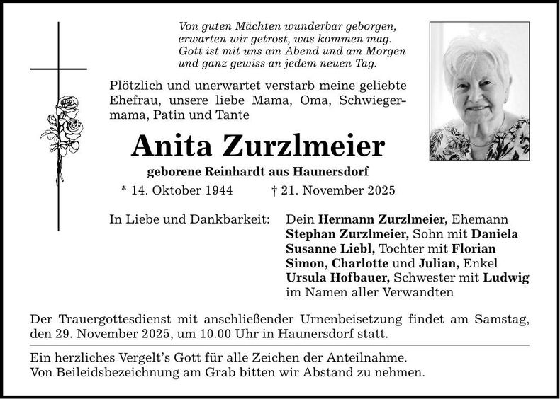 Traueranzeige Anita Zurzlmeier