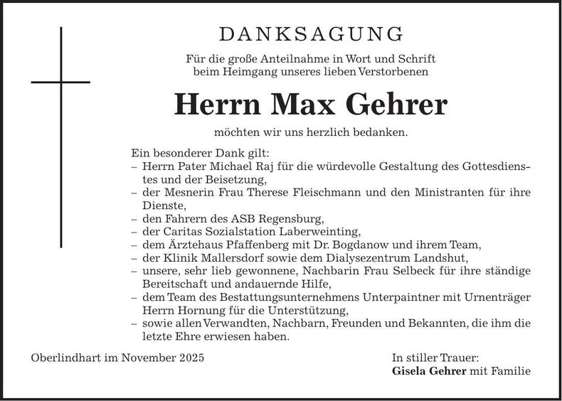 Traueranzeige Max Gehrer