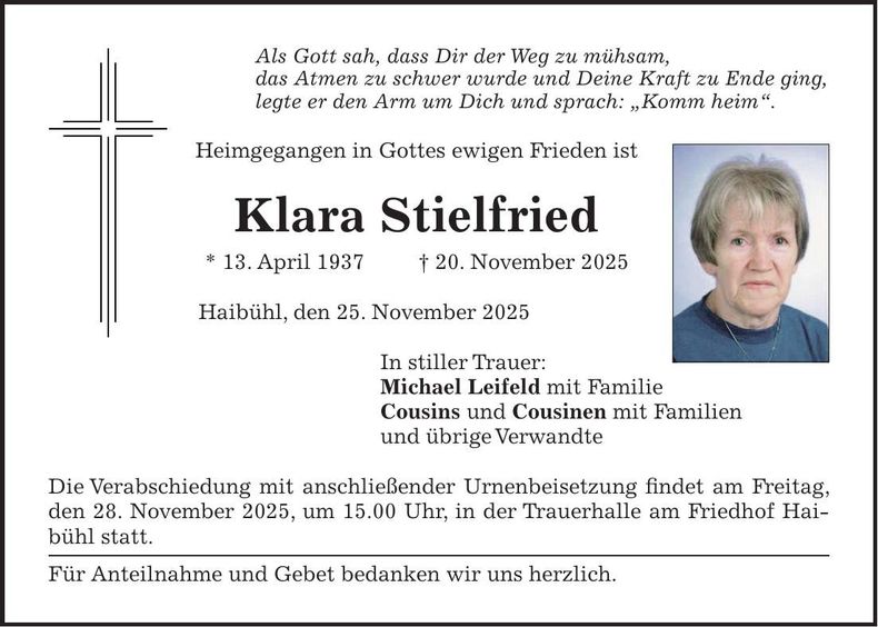 Traueranzeige Klara Stielfried