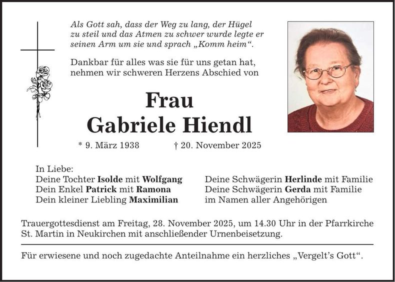 Traueranzeige Gabriele Hiendl