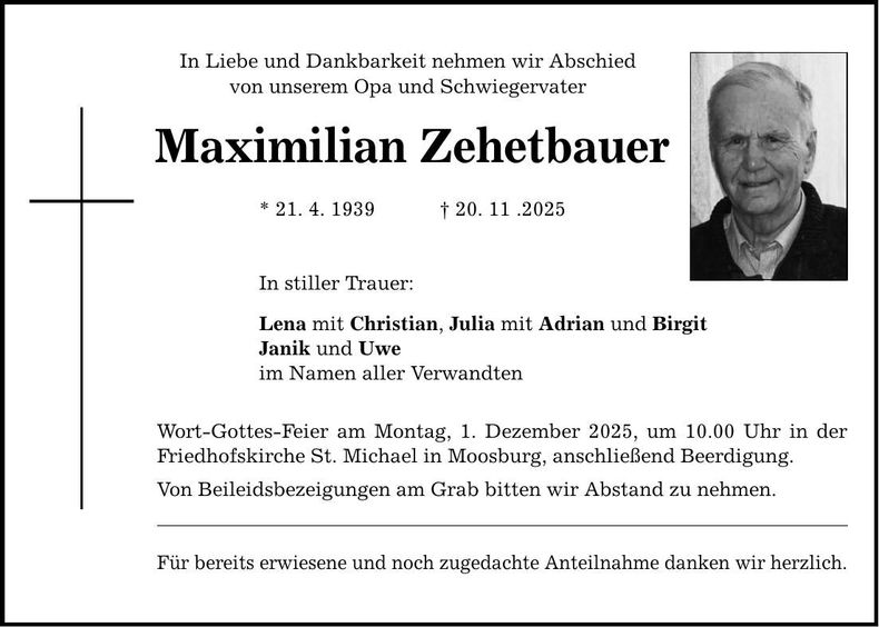 Traueranzeige Maximilian Zehetbauer