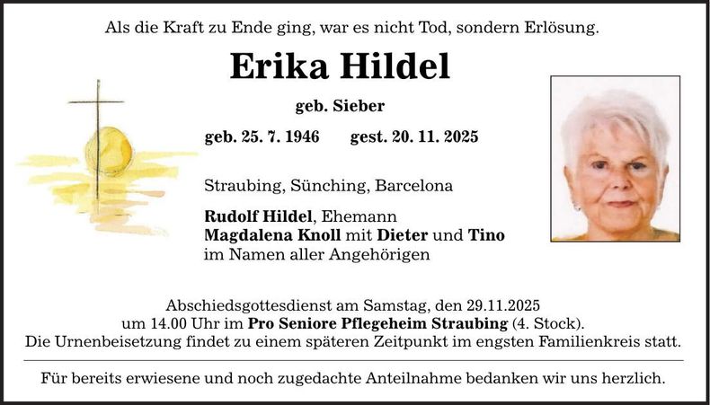 Traueranzeige Erika Hildel