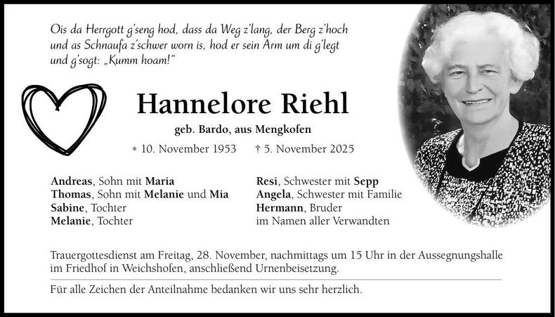 Traueranzeige Hannelore Riehl
