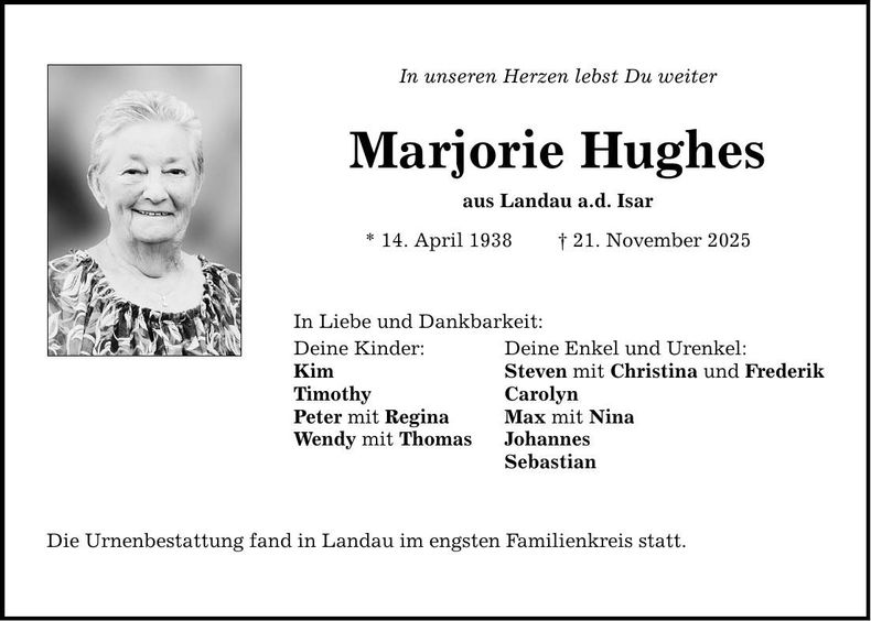 Traueranzeige Marjorie Hughes