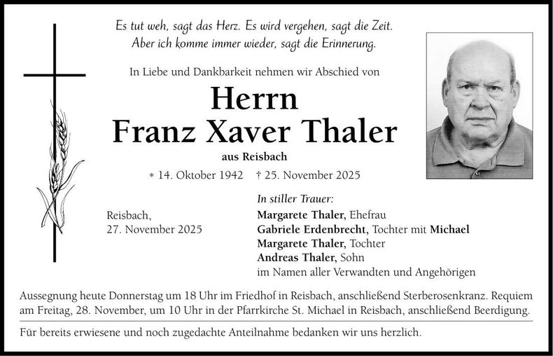 Traueranzeige Franz Xaver Thaler