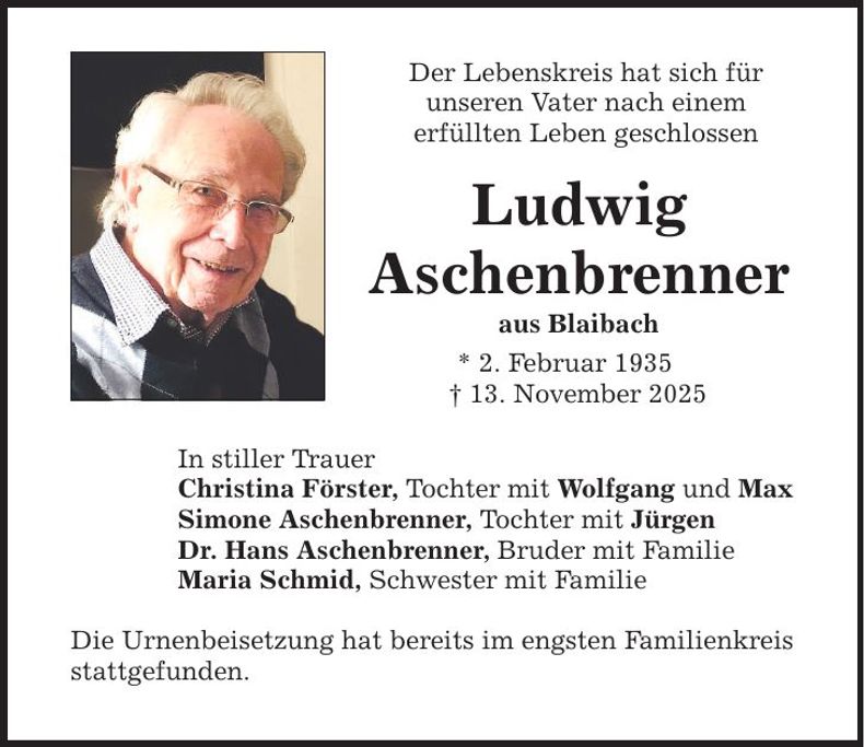 Traueranzeige Ludwig Aschenbrenner