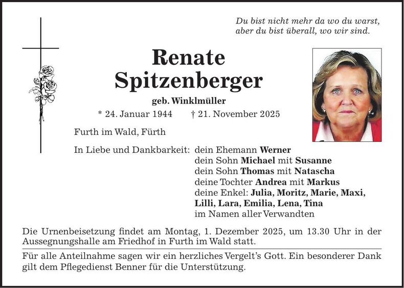 Traueranzeige Renate Spitzenberger