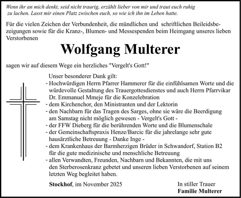 Traueranzeige Wolfgang Multerer