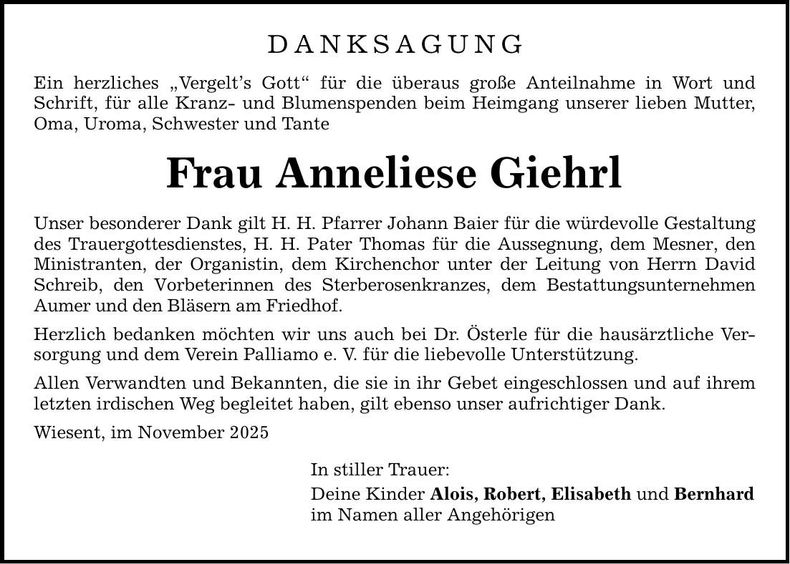 Traueranzeige Anneliese Giehrl