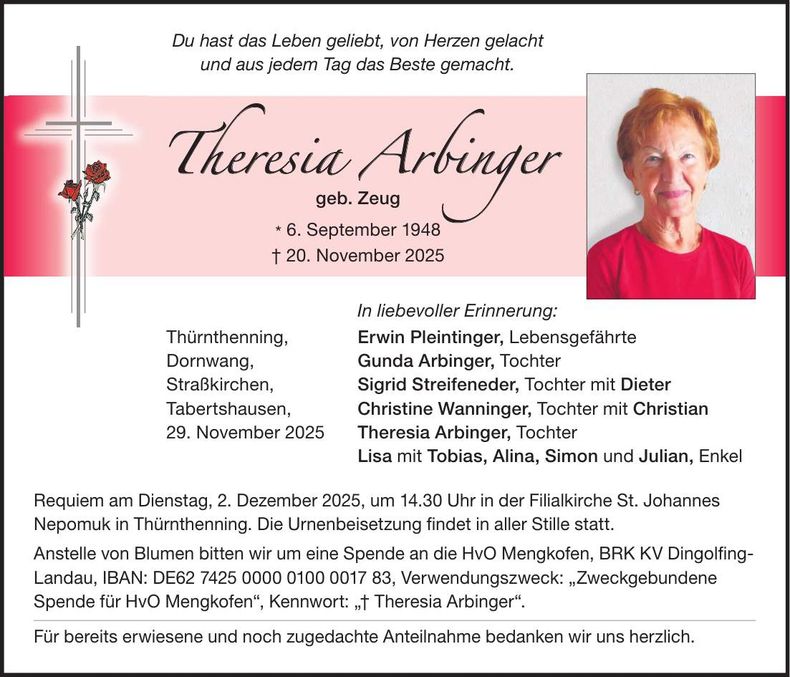 Traueranzeige Theresia Arbinger