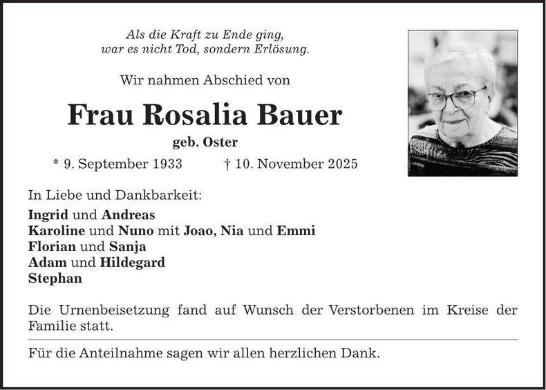 Traueranzeige Rosalia Bauer