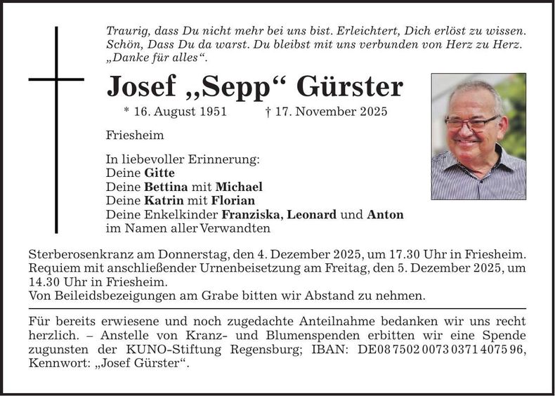 Traueranzeige Josef Gürster