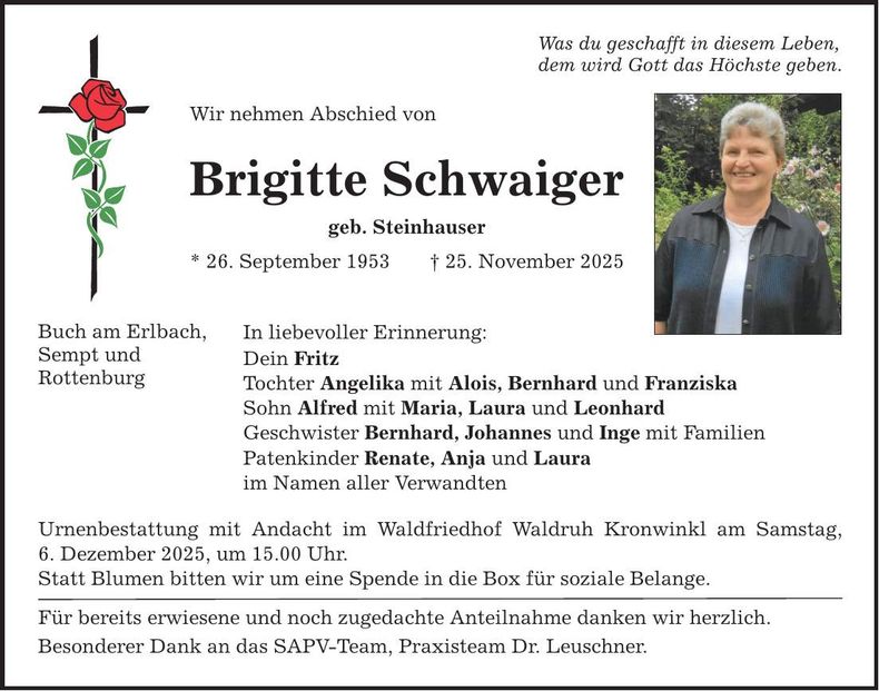 Traueranzeige Brigitte Schwaiger
