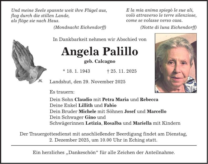 Traueranzeige Angela Palillo