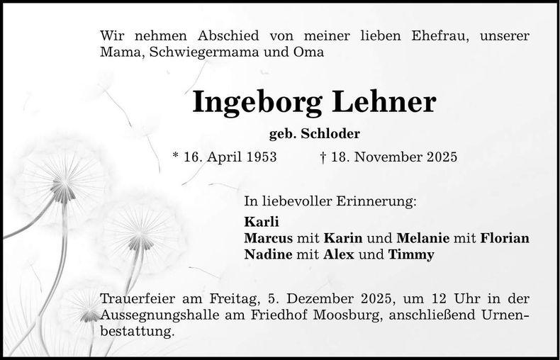 Traueranzeige Ingeborg Lehner