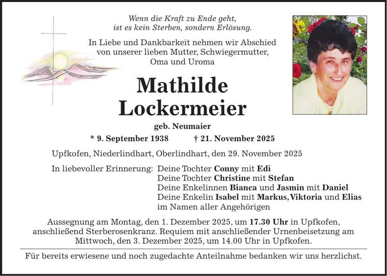 Traueranzeige Mathilde Lockermeier