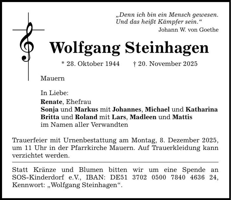 Traueranzeige Wolfgang Steinhagen
