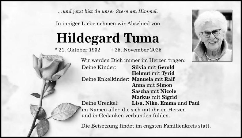 Traueranzeige Hildegard Tuma