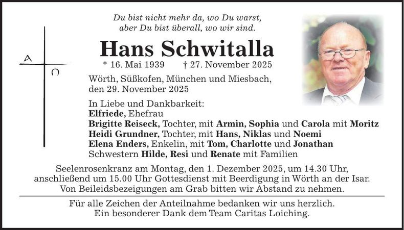 Traueranzeige Hans Schwitalla