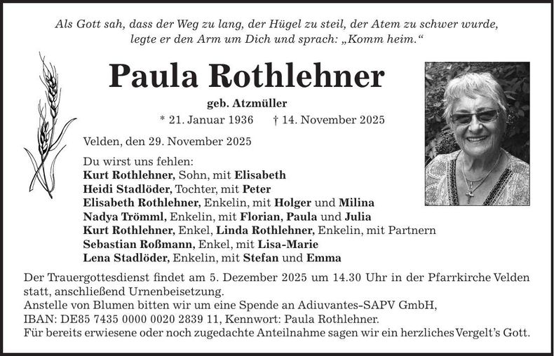 Traueranzeige Paula Rothlehner