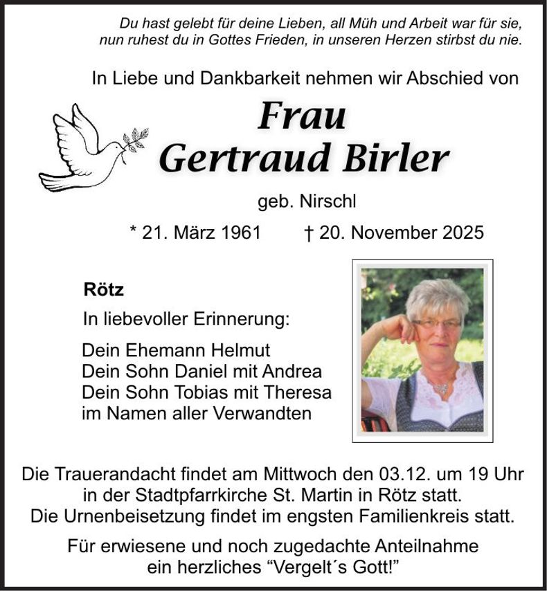 Traueranzeige Gertraud Birler