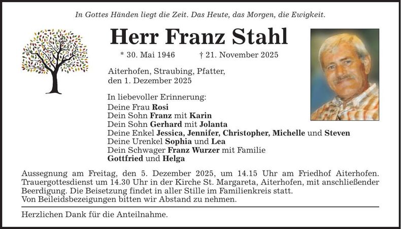 Traueranzeige Franz Stahl