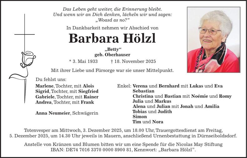 Traueranzeige Barbara Hölzl
