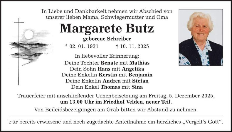 Traueranzeige Margarete Butz