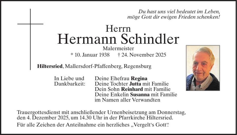 Traueranzeige Hermann Schindler