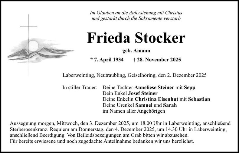 Traueranzeige Frieda Stocker
