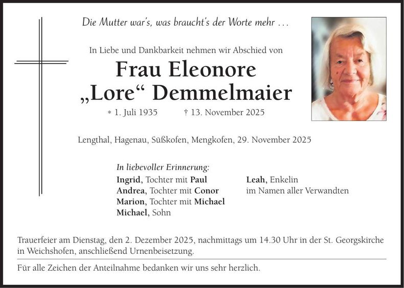 Traueranzeige Eleonore Demmelmaier