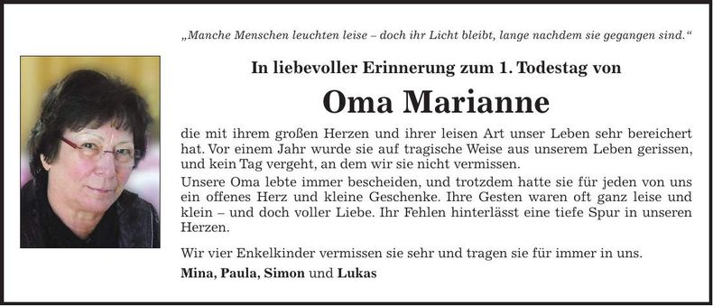 Traueranzeige Marianne Fichtl