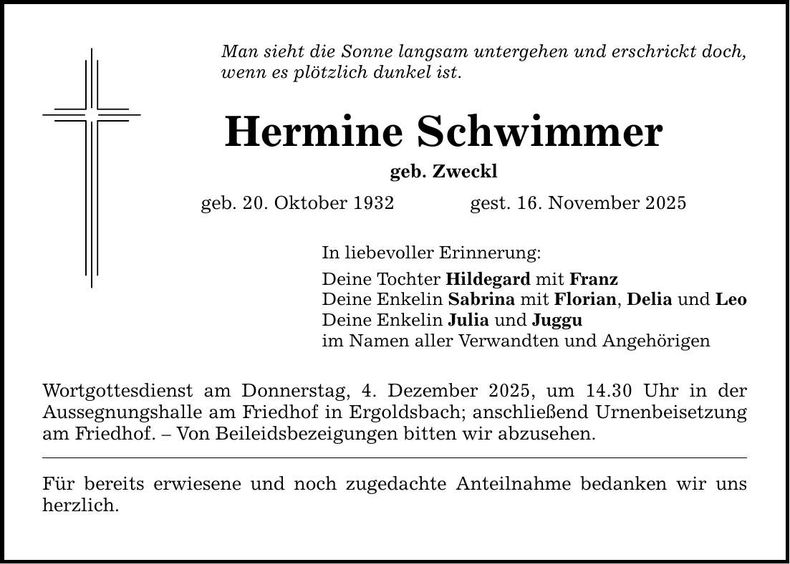 Traueranzeige Hermine Schwimmer