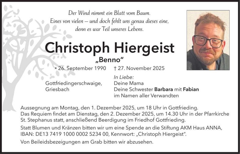 Traueranzeige Christoph Hiergeist