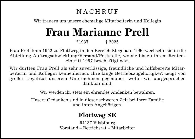 Traueranzeige Marianne Prell
