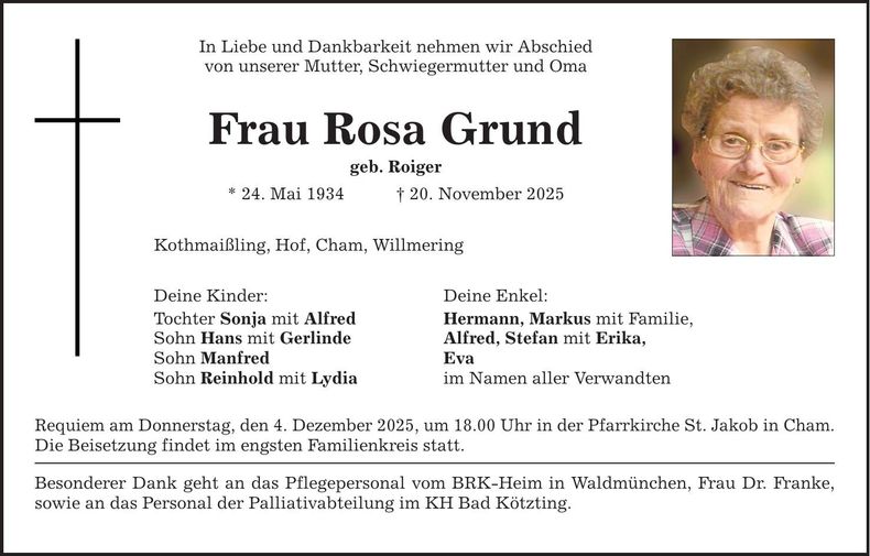Traueranzeige Rosa Grund