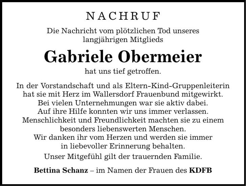 Traueranzeige Obermeier Gabriele