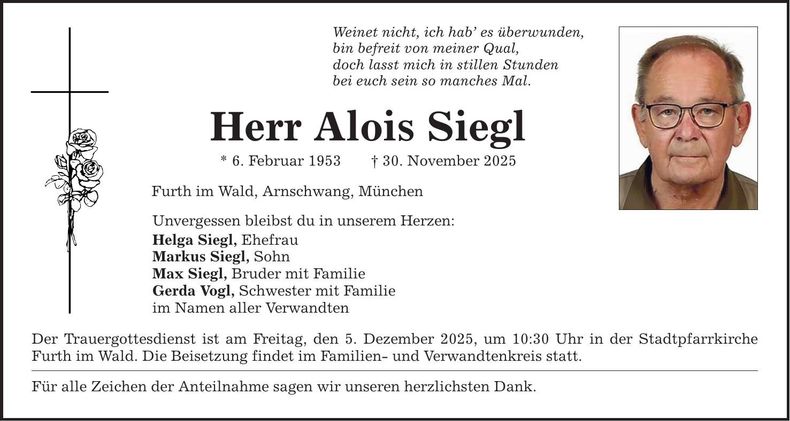 Traueranzeige Alois Siegl