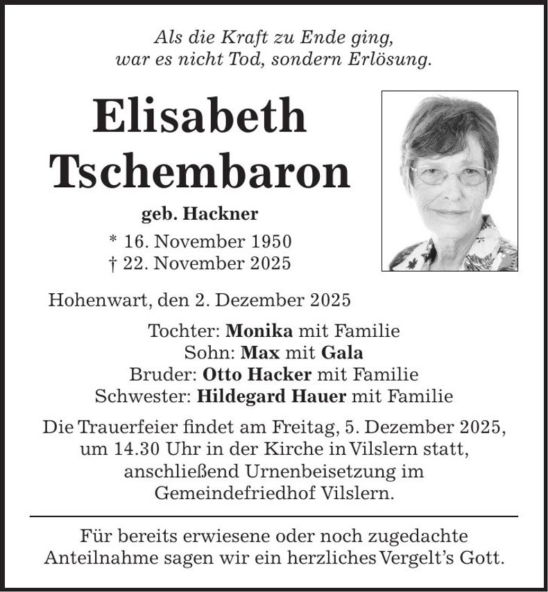 Traueranzeige Elisabeth Tschembaron
