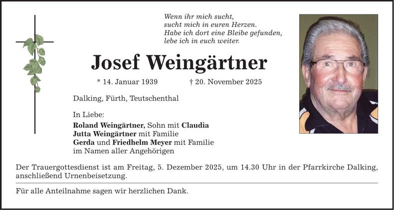 Traueranzeige Josef Weingärtner