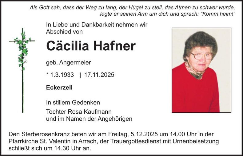Traueranzeige Cäcilia Hafner