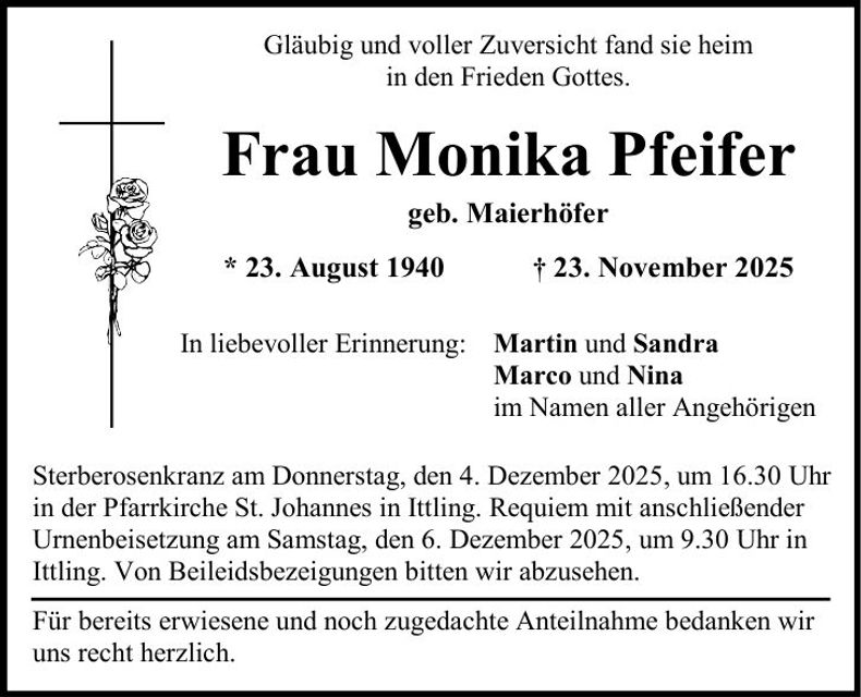 Traueranzeige Monika Pfeifer