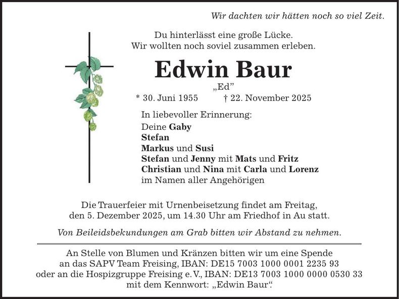 Traueranzeige Edwin Baur
