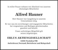 Traueranzeige Alfred Hauner