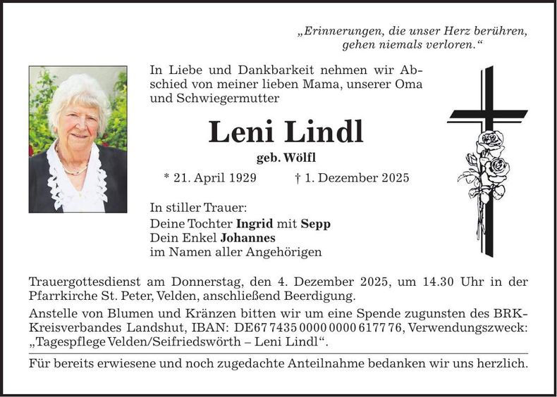 Traueranzeige Leni Lindl