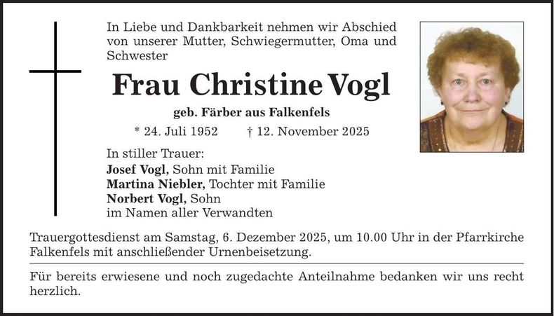 Traueranzeige Christine Vogl