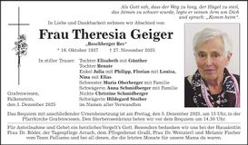 Traueranzeige Theresia Geiger