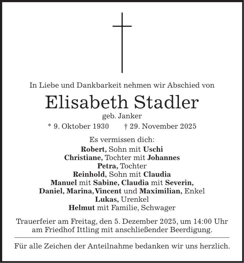 Traueranzeige Elisabeth Stadler