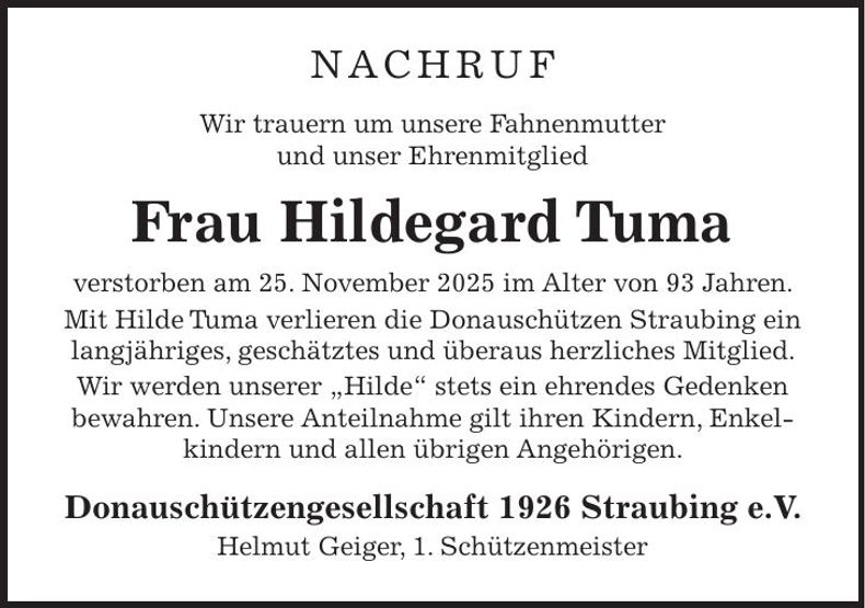 Traueranzeige Hildegard Tuma