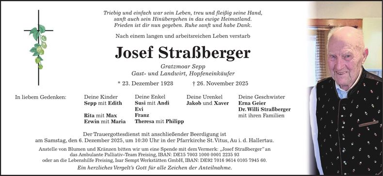 Traueranzeige Josef Straßberger